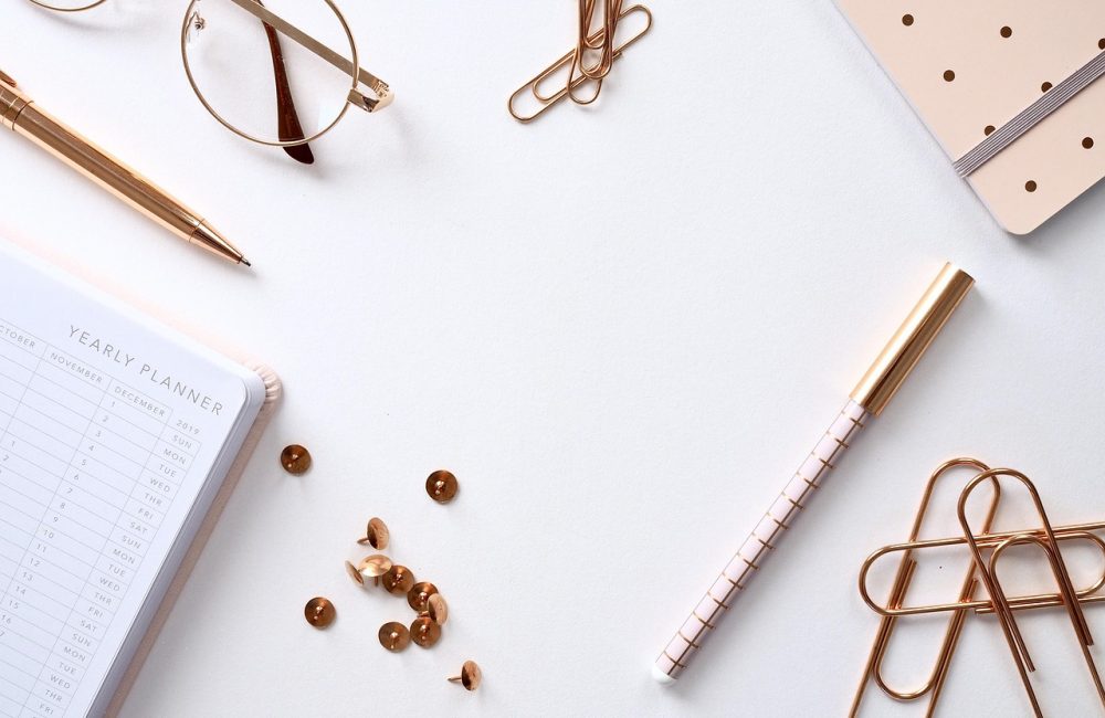 notebook, desk, paper