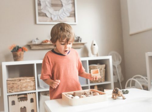 boy in orange crew neck t-shirt standing in front of white wooden table with cupcakes