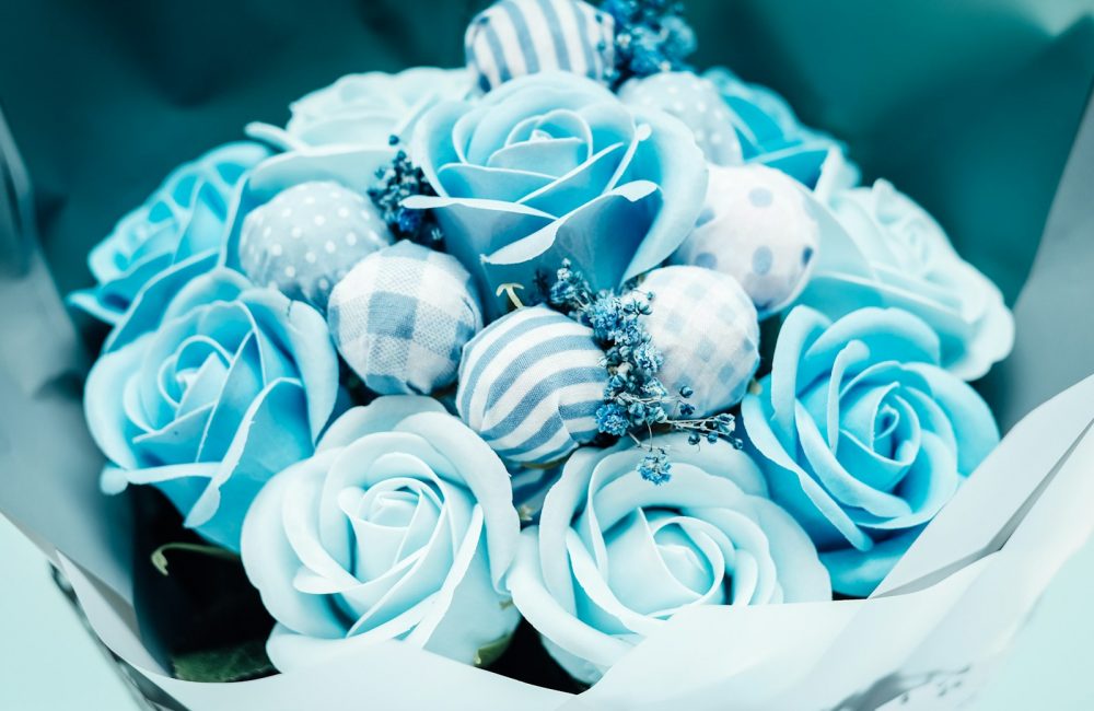 blue and white artificial flower bouquet