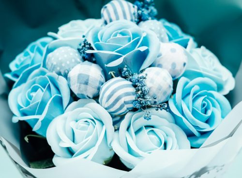 blue and white artificial flower bouquet