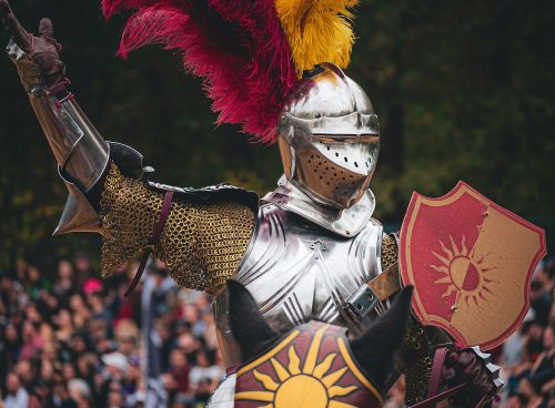 a man dressed in armor and holding a shield