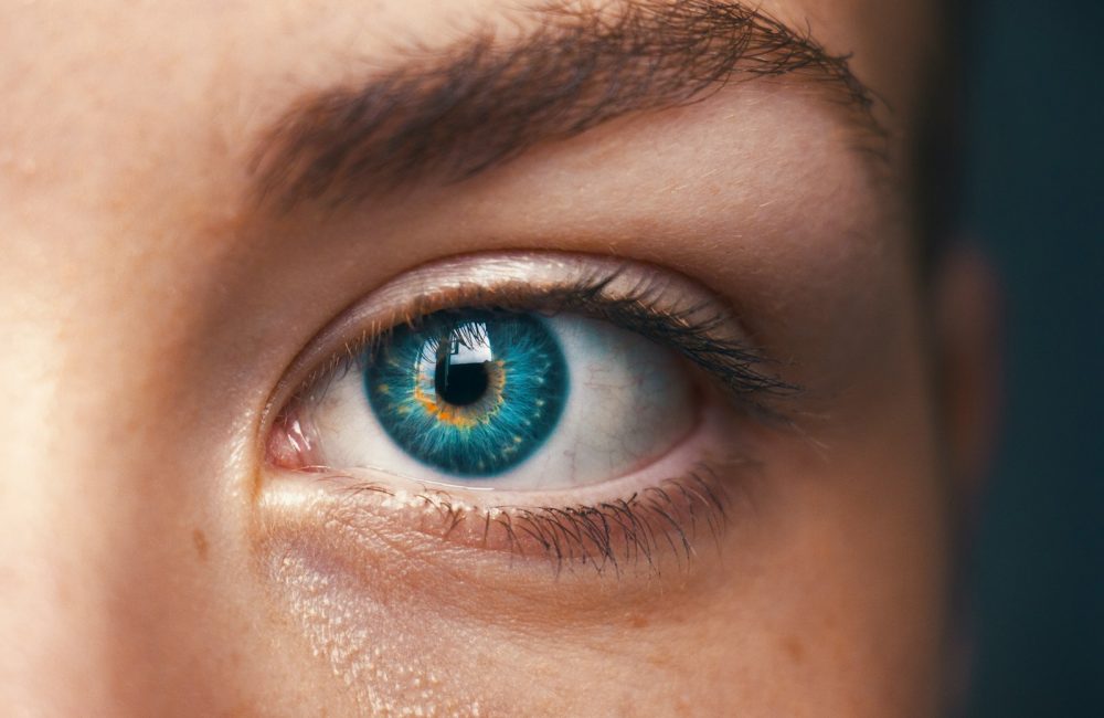 selective focus of blue-eyed person