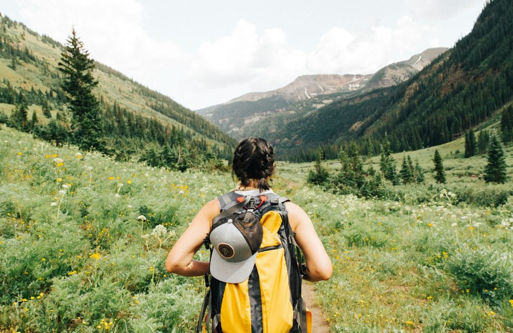 person carrying yellow and black backpack walking between green plants
