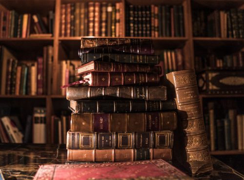 piled books on brown wooden shelf