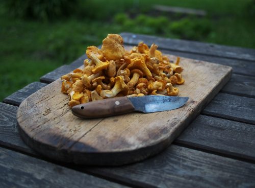 brown wooden chopping board with brown mushrooms on top beside knife