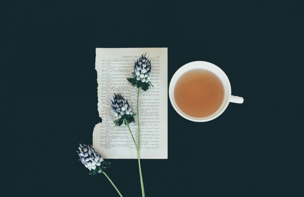 white ceramic tea cup beside white flowers
