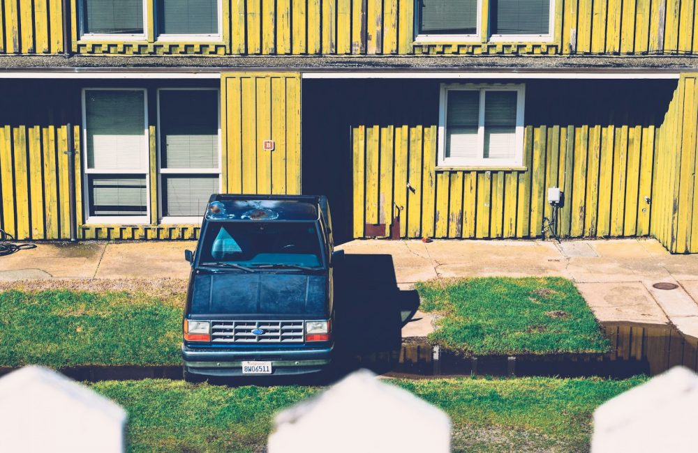 blue pickup truck packed on green grass