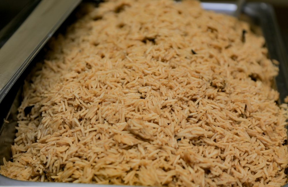 a close up of a tray of rice
