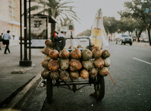 brown and white fruit on black metal cart