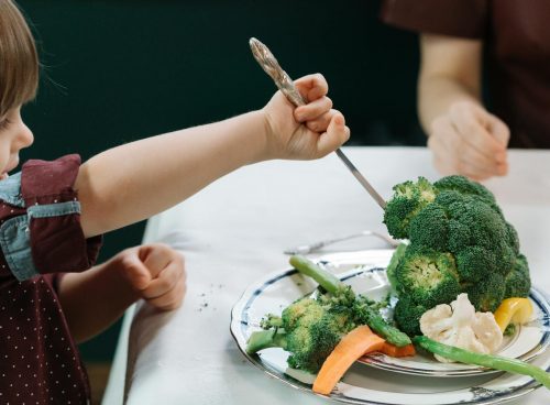 A Child Cutting a Broccoli