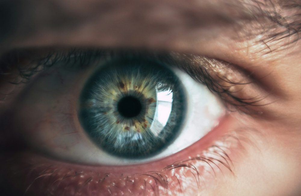 close-up photography of human eye