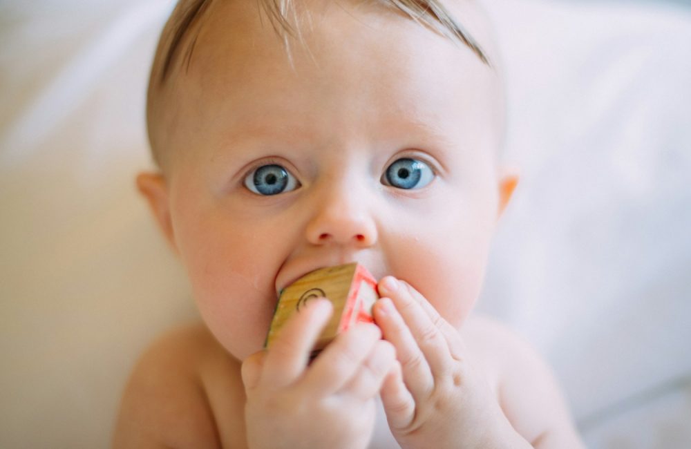 selective focus photography of baby holding wooden cube