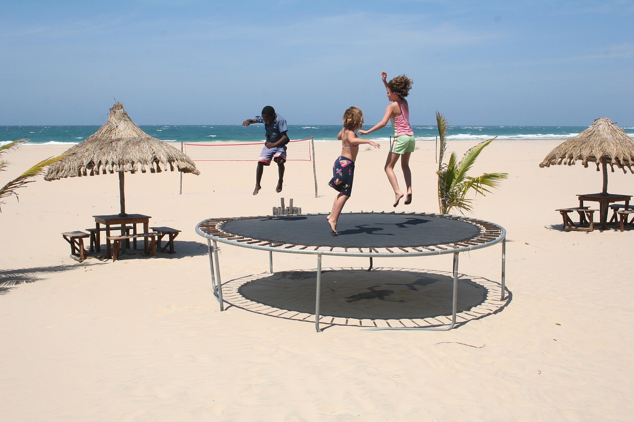trampoline, children, playing
