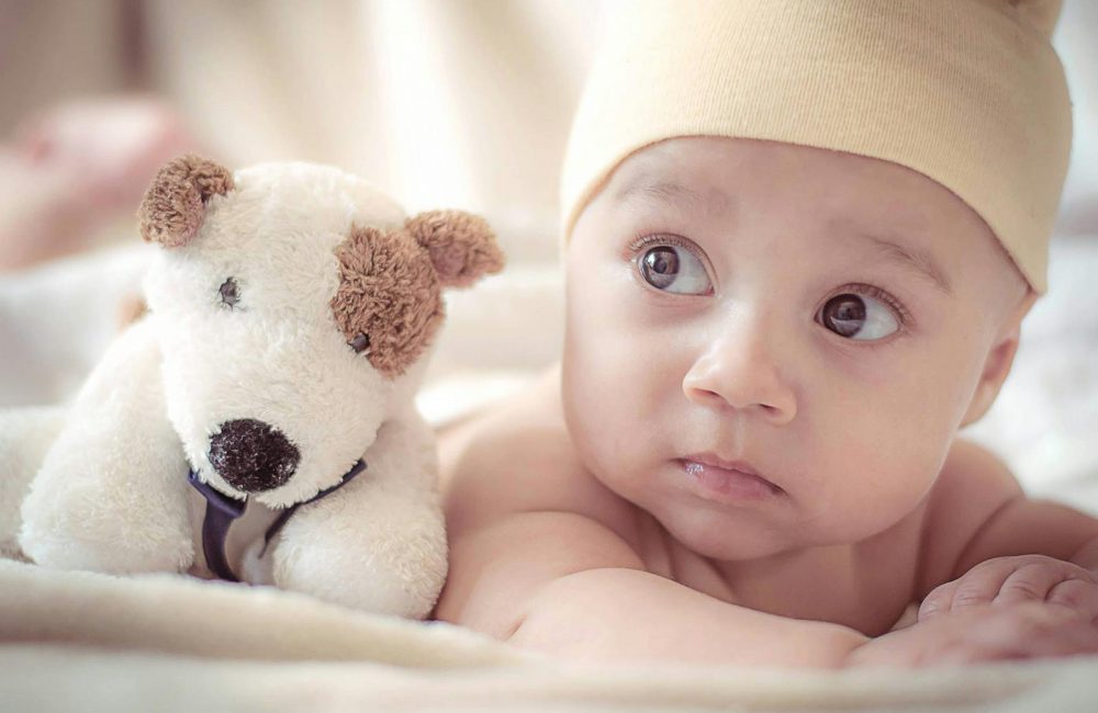 Baby Lying Near Dog Plush Toy
