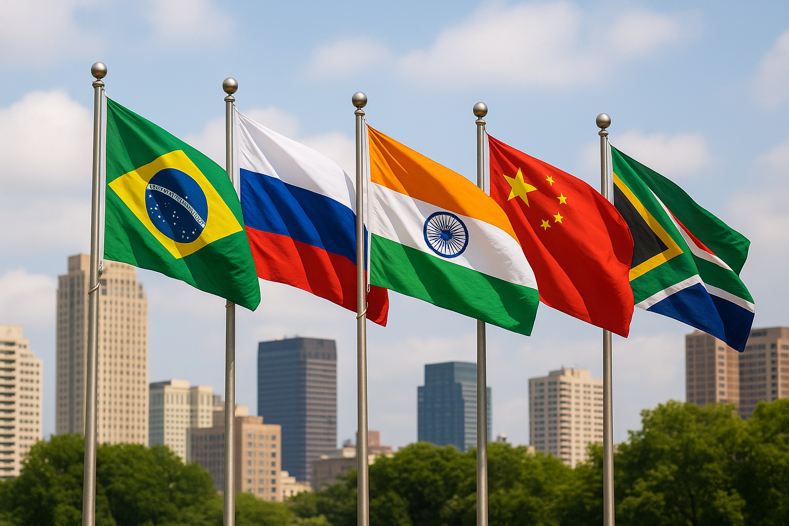 Illustration showing BRICS member flags with global economic symbols