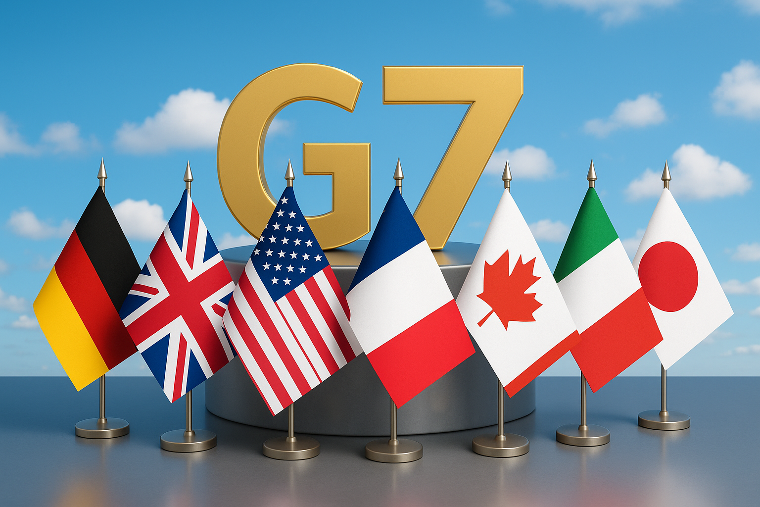 Illustration comparing G20 and G7 international economic forums with flags and charts